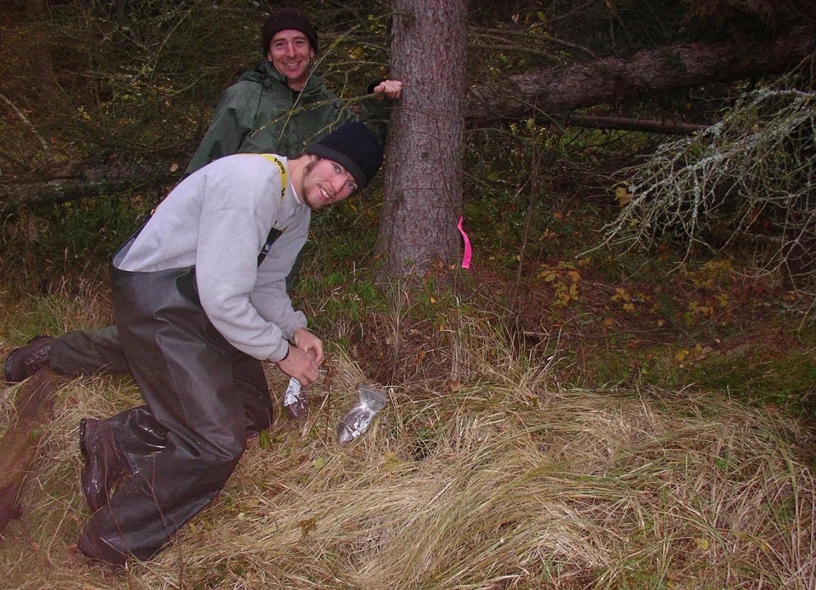 Steve and Eric at a cavity under spruce tree hibernacula